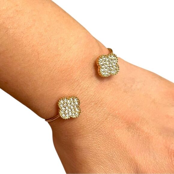 Double Clover Clear Rhinestone Gold Tone Open Bracelet - Picture 3 of 3
